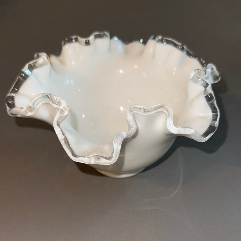 Fenton Silver Crest White Milk Glass Ruffled Bowl Vintage
